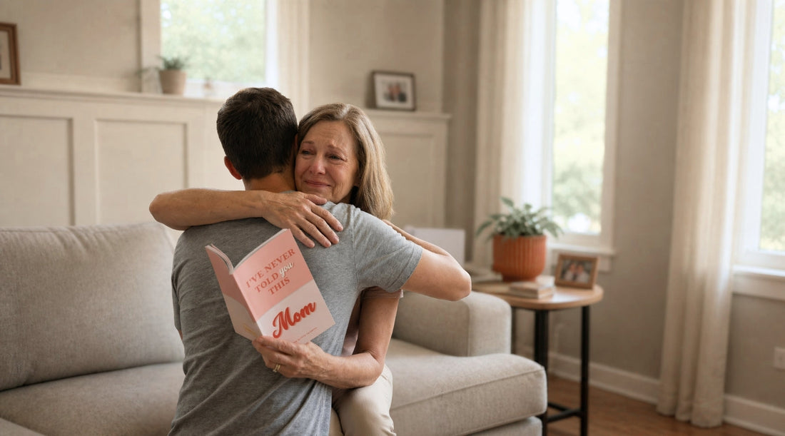 Mother holding a sentimental keepsake gift book while hugging her son
